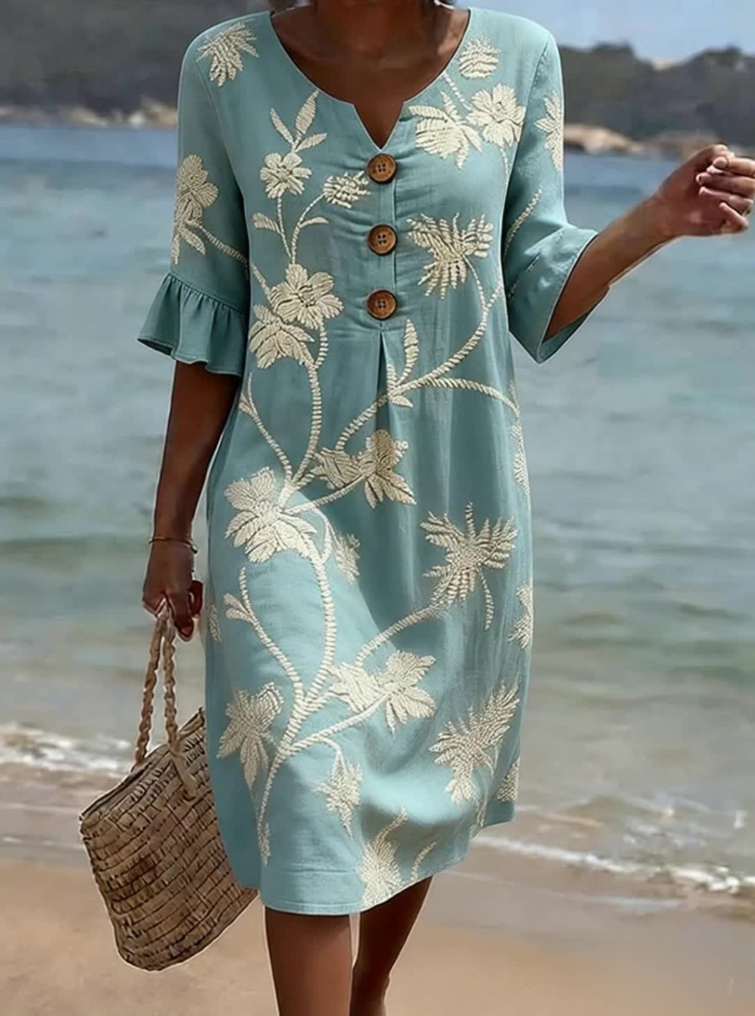 Isabella | Blumenkleid mit Knöpfen und weißen Ärmeln