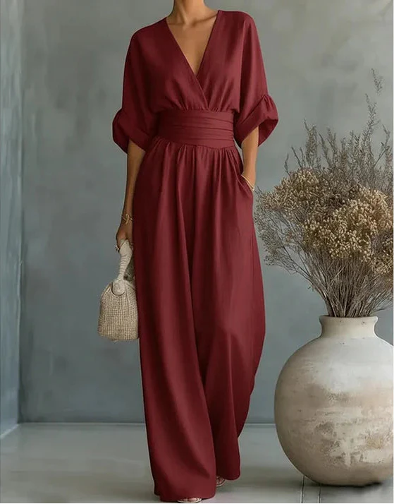Franziska | Eleganter Overall mit V-Ausschnitt und weitem Bein